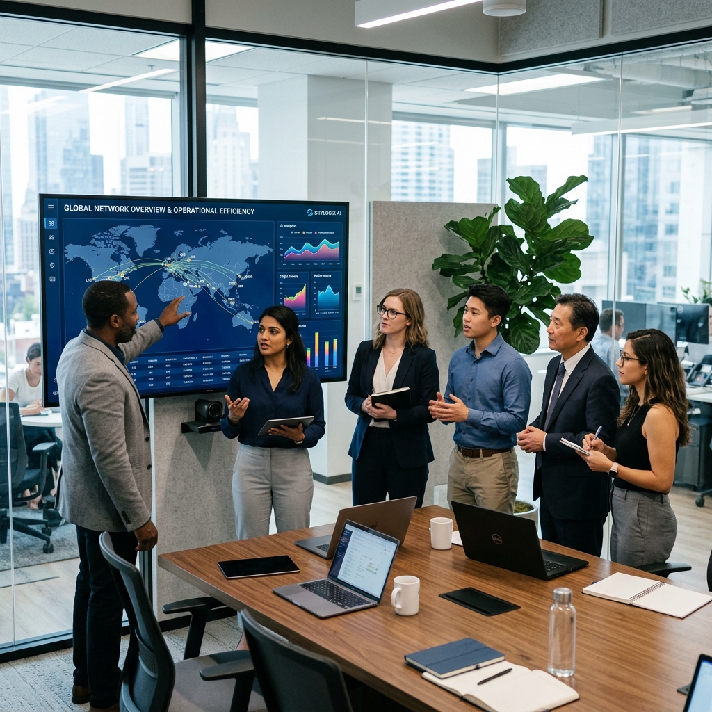 SkyRoute professional team of engineers collaborating in a modern conference room discussing logistics analytics